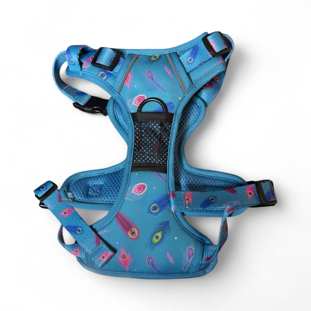Peacock Power tactical dog harness, teal base with peacock feather print, durable no‑pull design for strong dogs