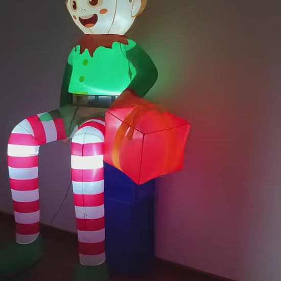 8FT Light-Up Sitting Elf Christmas Inflatable – Outdoor Yard Decoration with LED Lights & Gift Box.