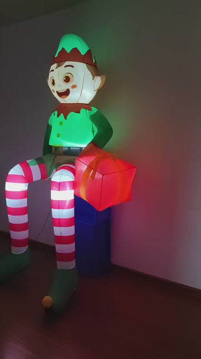 8FT Light-Up Sitting Elf Christmas Inflatable – Outdoor Yard Decoration with LED Lights & Gift Box.
