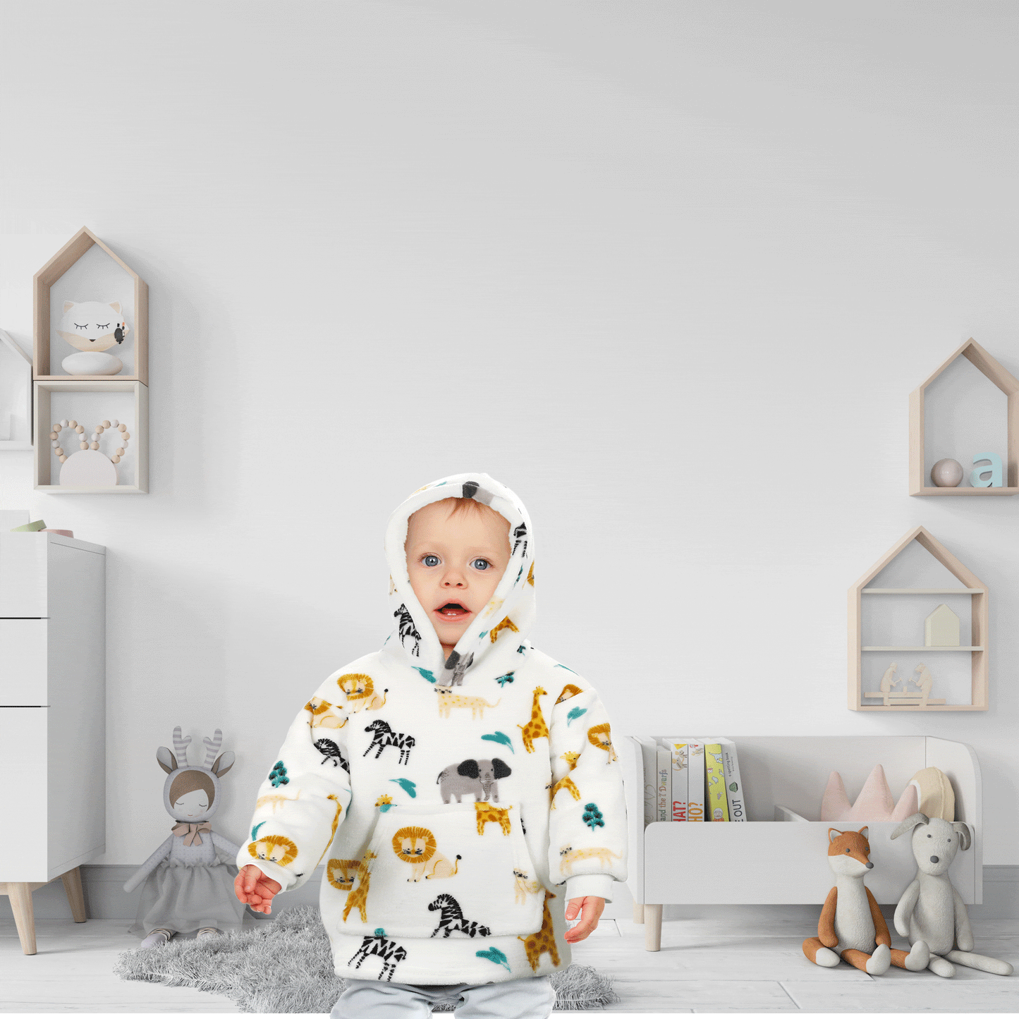 Kids Hoodie Safari & Sloth Blanket for Toddlers Ages 0-4 Unisex Warm Fluffy Wearable Sweatshirt with Pocket by Daisy Dreamer