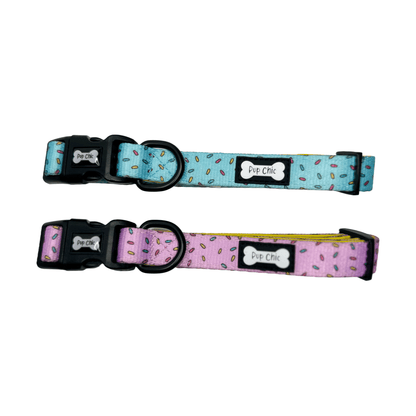 Fun design dog collars in multiple sizes, XS puppy collar starts at 20cm, colourful styles to match harness & socks