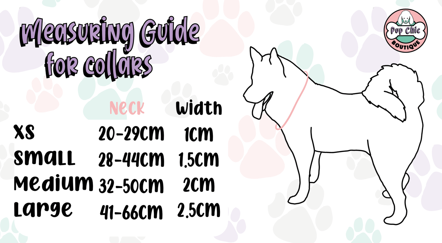 Fun design dog collars in multiple sizes, XS puppy collar starts at 20cm, colourful styles to match harness & socks