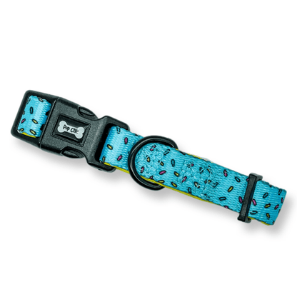 Fun design dog collars in multiple sizes, XS puppy collar starts at 20cm, colourful styles to match harness & socks