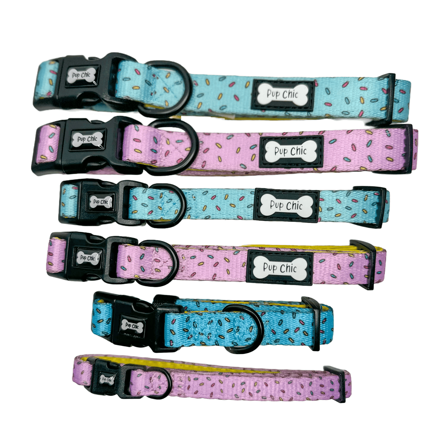 Fun design dog collars in multiple sizes, XS puppy collar starts at 20cm, colourful styles to match harness & socks