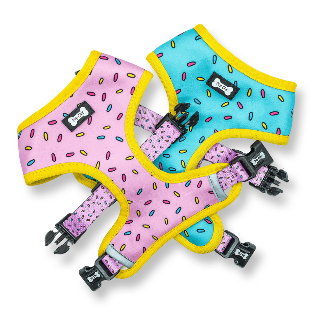 Sprinkles for Days reversible dog harness with pink and blue sprinkle prints, donut‑inspired design