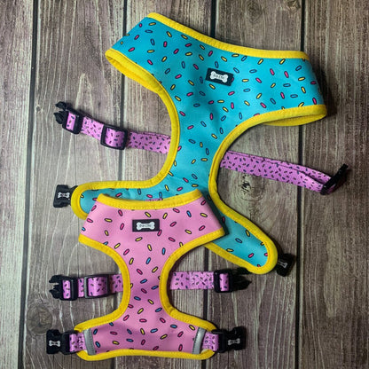 Sprinkles for Days reversible dog harness with pink and blue sprinkle prints, donut‑inspired design