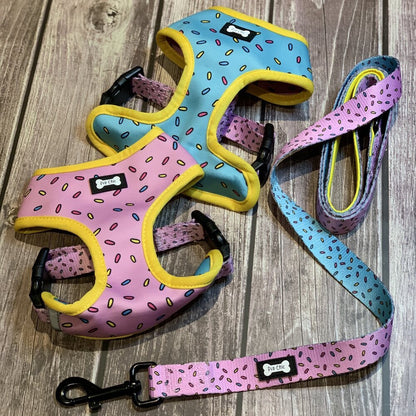 Sprinkles for Days reversible dog harness with pink and blue sprinkle prints, donut‑inspired design