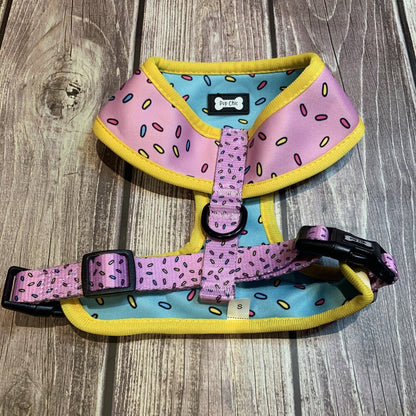 Sprinkles for Days reversible dog harness with pink and blue sprinkle prints, donut‑inspired design