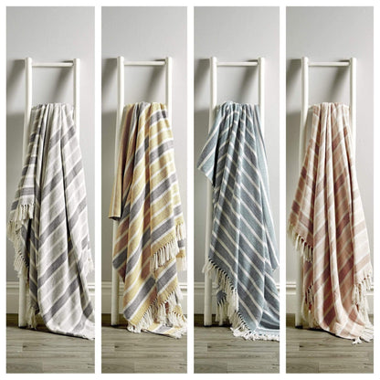 Zara Striped Handwoven Pure Cotton Throw Blanket with Tassells Eco-Friendly Perfect for Sofa Bed and Home Decor Available in Multiple Sizes and Calming Colours by OLIVIA ROCCO
