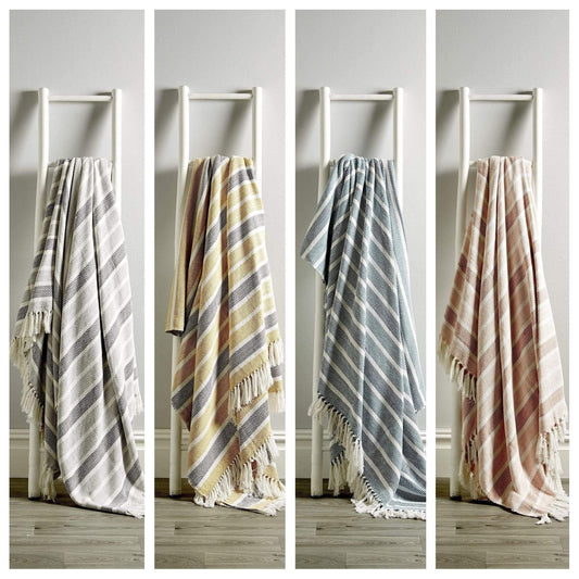 Zara Striped Handwoven Pure Cotton Throw Blanket with Tassells Eco-Friendly Perfect for Sofa Bed and Home Decor Available in Multiple Sizes and Calming Colours by OLIVIA ROCCO
