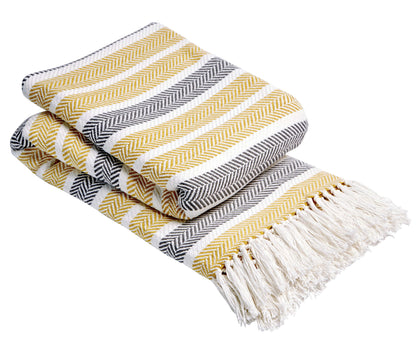 Zara Striped Handwoven Pure Cotton Throw Blanket with Tassells Eco-Friendly Perfect for Sofa Bed and Home Decor Available in Multiple Sizes and Calming Colours by OLIVIA ROCCO