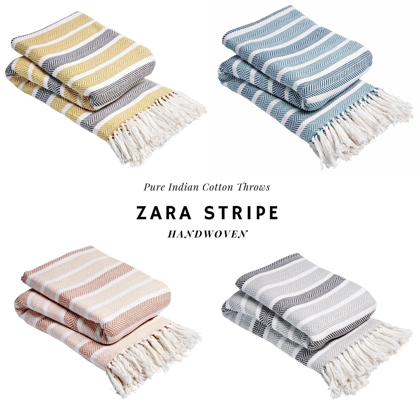 Zara Striped Handwoven Pure Cotton Throw Blanket with Tassells Eco-Friendly Perfect for Sofa Bed and Home Decor Available in Multiple Sizes and Calming Colours by OLIVIA ROCCO