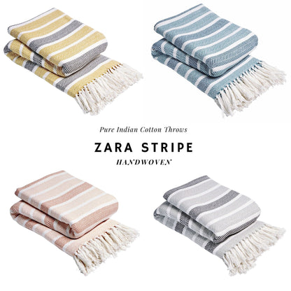 Zara Striped Handwoven Pure Cotton Throw Blanket with Tassells Eco-Friendly Perfect for Sofa Bed and Home Decor Available in Multiple Sizes and Calming Colours by OLIVIA ROCCO