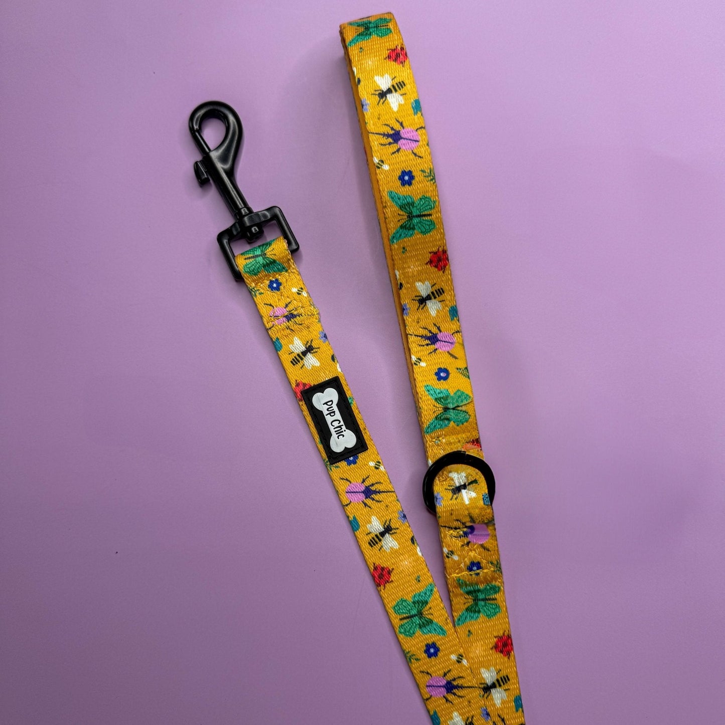 Summer Buzzin’ 5ft dog lead, mustard yellow insect print with bees, butterflies & ladybirds, padded handle design