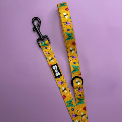 Summer Buzzin’ 5ft dog lead, mustard yellow insect print with bees, butterflies & ladybirds, padded handle design