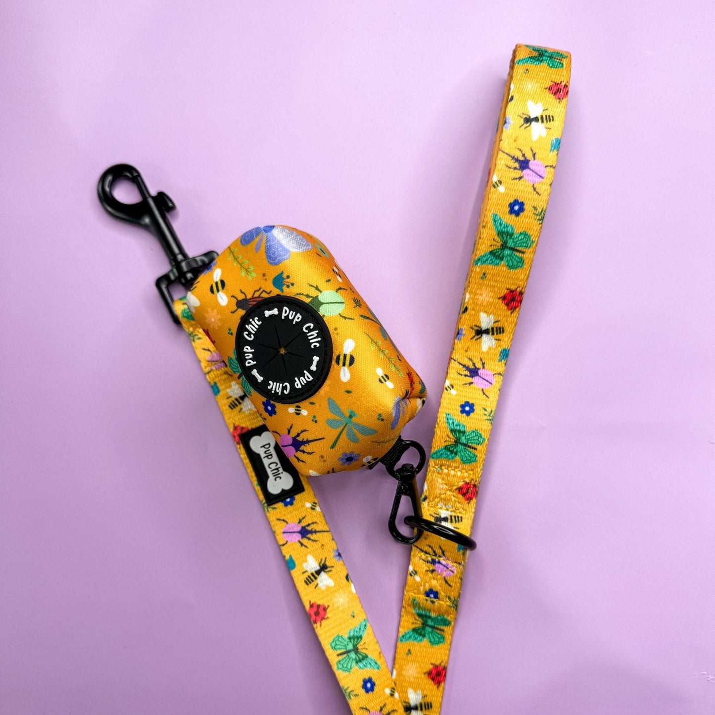Summer Buzzin’ 5ft dog lead, mustard yellow insect print with bees, butterflies & ladybirds, padded handle design
