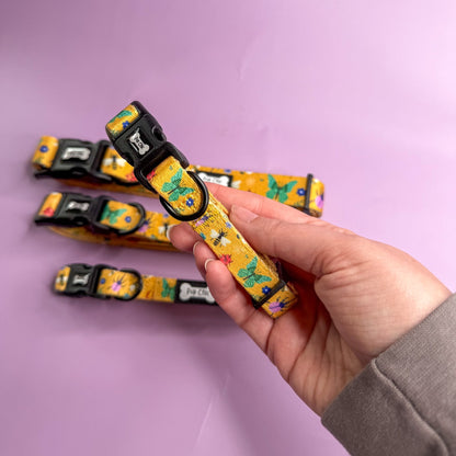 Summer Buzzin’ dog collar, mustard yellow with bees, butterflies & bugs print, adjustable lightweight design