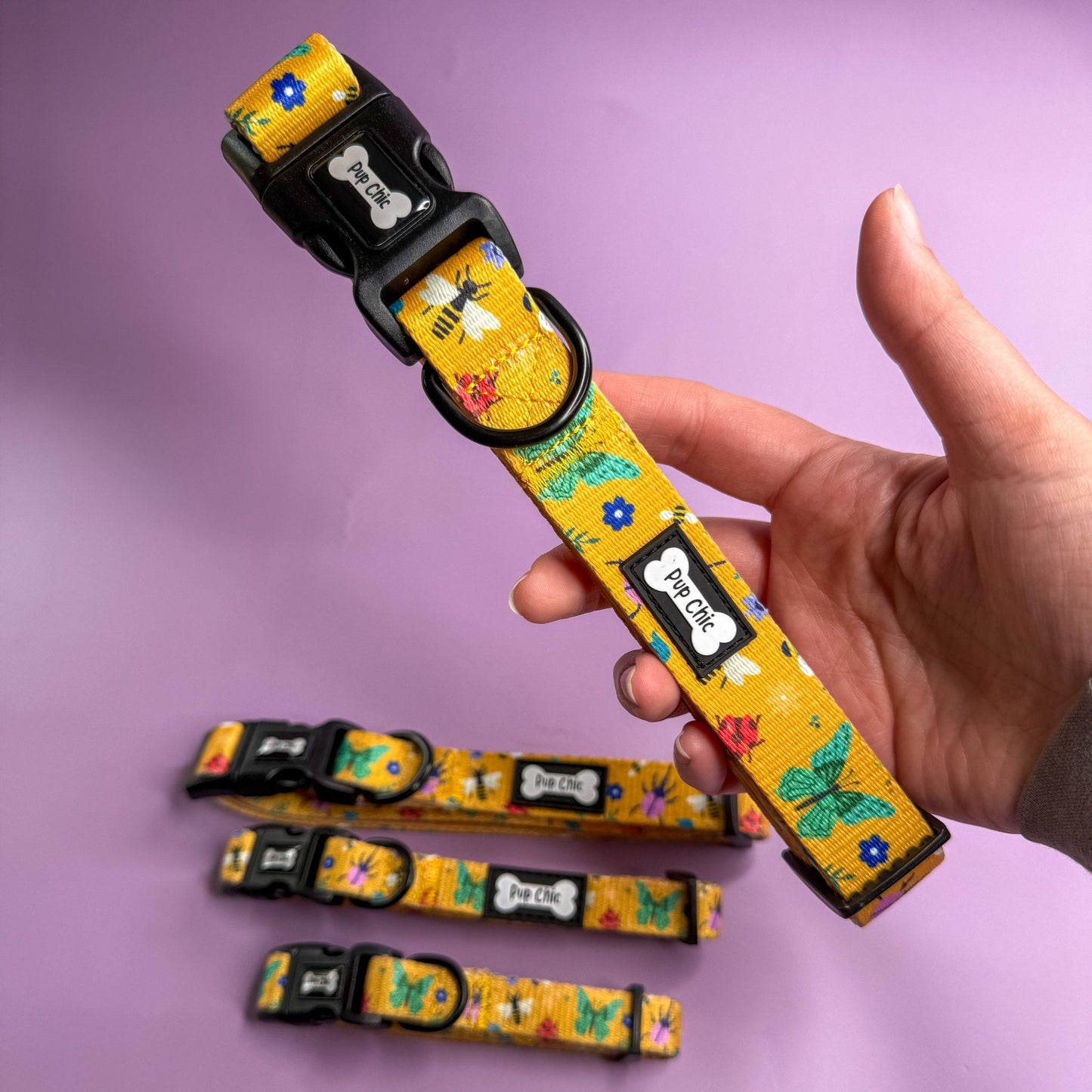 Summer Buzzin’ dog collar, mustard yellow with bees, butterflies & bugs print, adjustable lightweight design