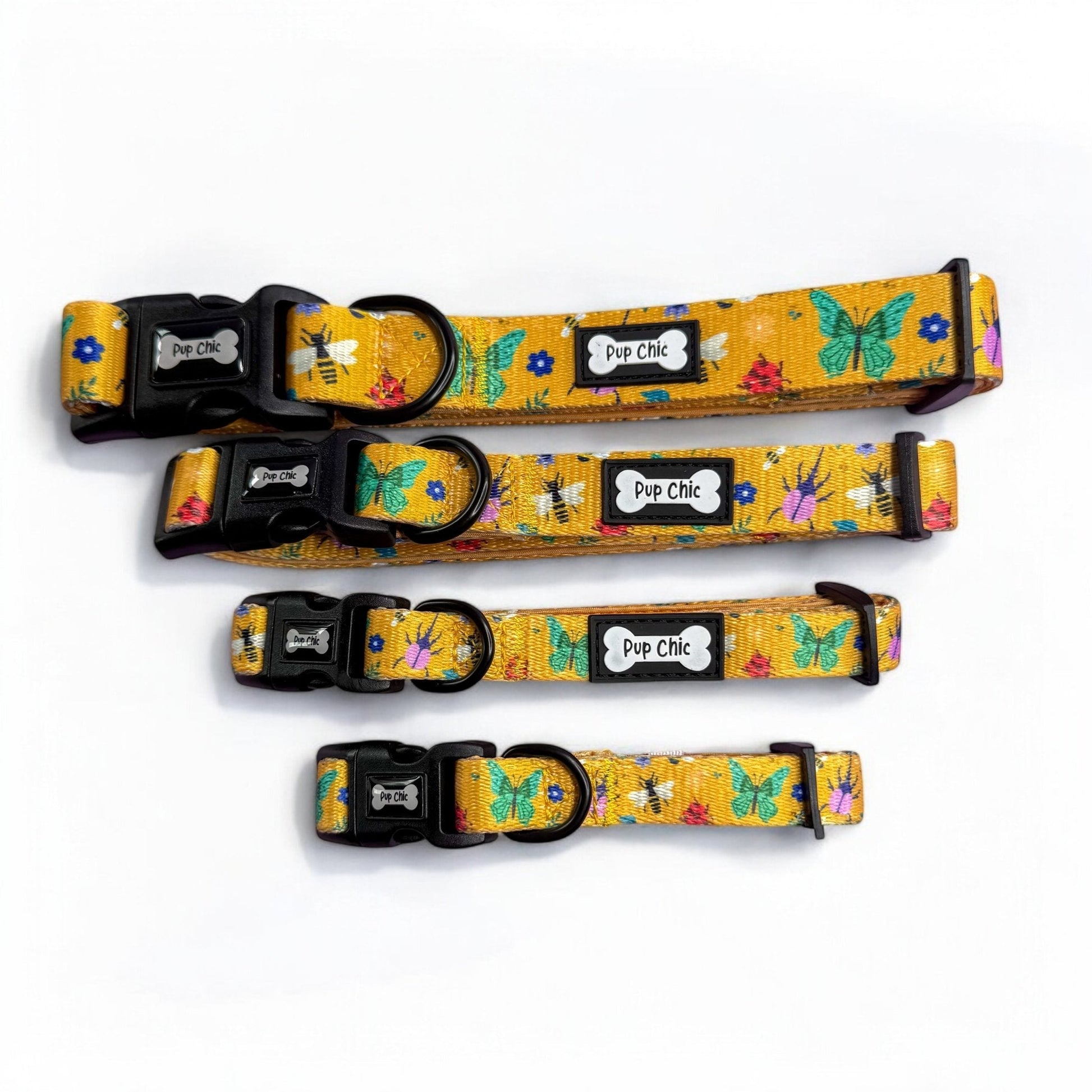Summer Buzzin’ dog collar, mustard yellow with bees, butterflies & bugs print, adjustable lightweight design