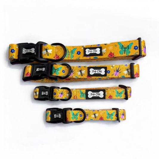 Summer Buzzin’ dog collar, mustard yellow with bees, butterflies & bugs print, adjustable lightweight design