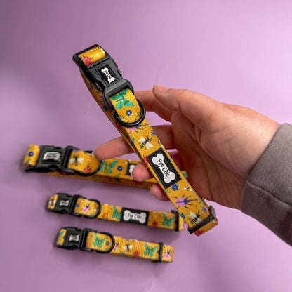 Summer Buzzin’ dog collar, mustard yellow with bees, butterflies & bugs print, adjustable lightweight design
