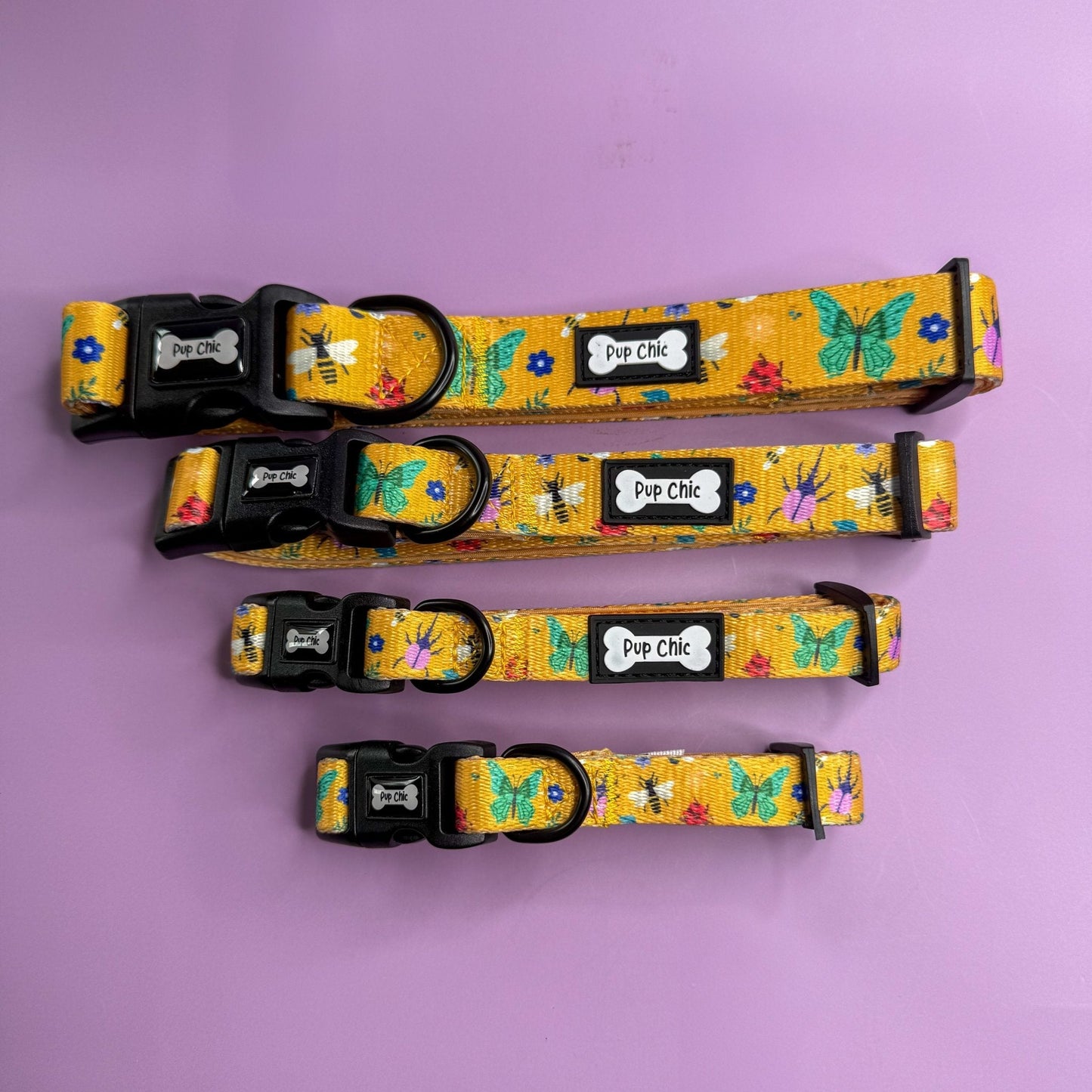 Summer Buzzin’ dog collar, mustard yellow with bees, butterflies & bugs print, adjustable lightweight design