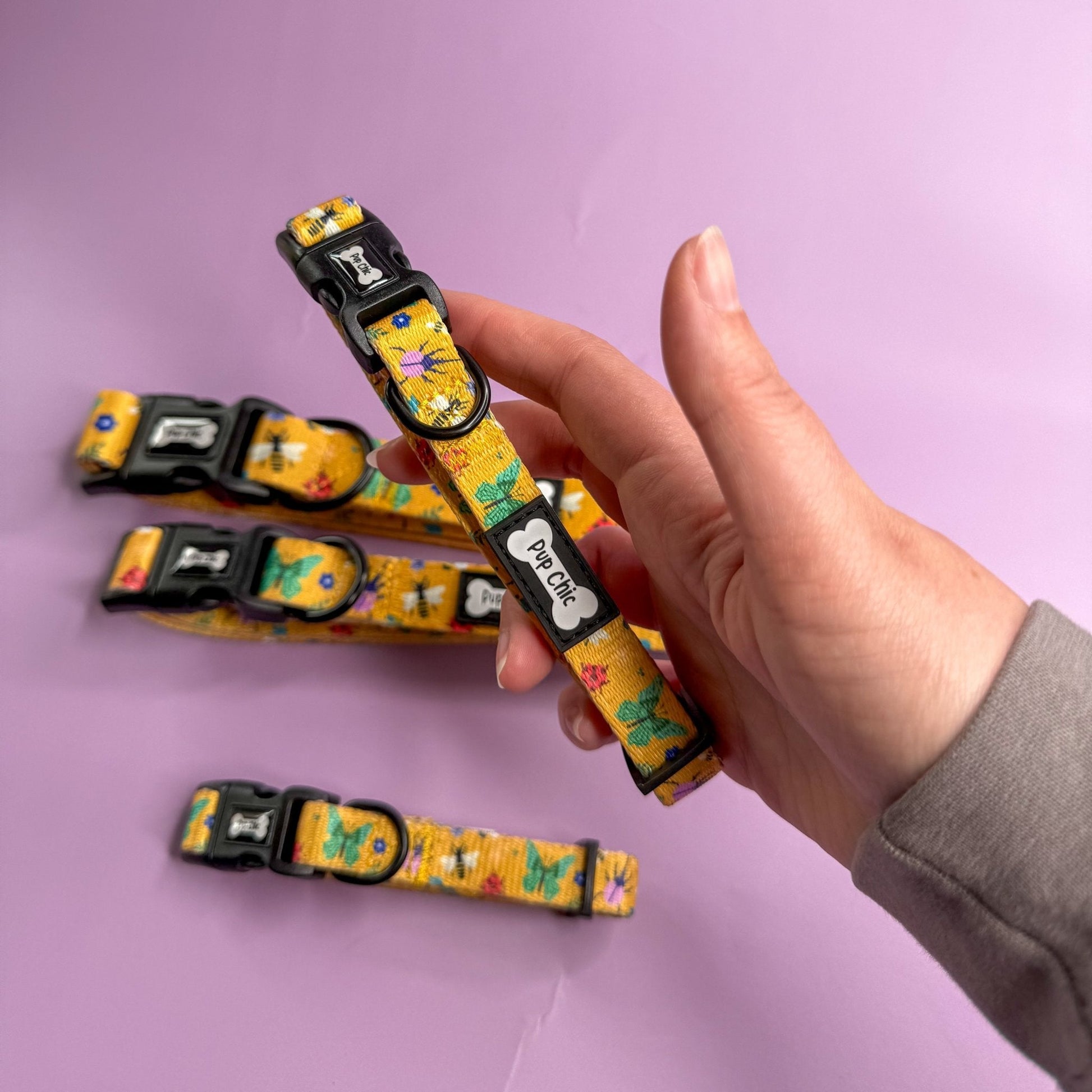 Summer Buzzin’ dog collar, mustard yellow with bees, butterflies & bugs print, adjustable lightweight design