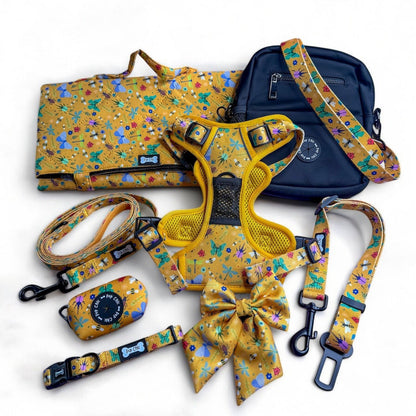 Summer Buzzin’ tactical dog harness, mustard yellow with bees, beetles & butterflies print, durable no‑pull design