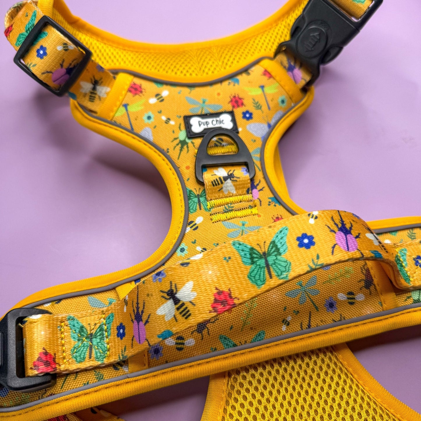 Summer Buzzin’ tactical dog harness, mustard yellow with bees, beetles & butterflies print, durable no‑pull design