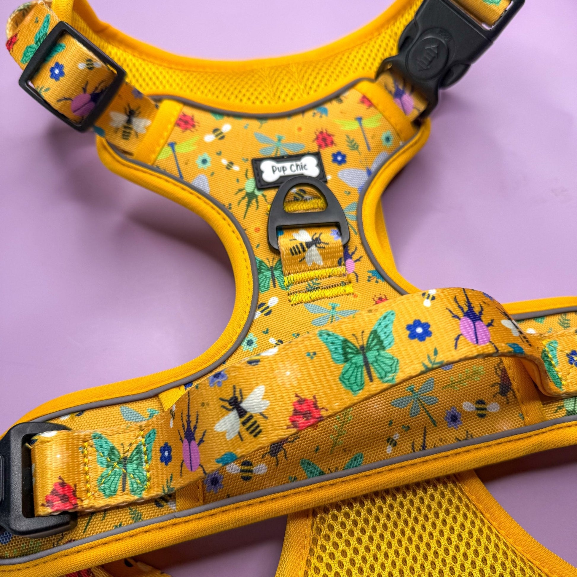 Summer Buzzin’ tactical dog harness, mustard yellow with bees, beetles & butterflies print, durable no‑pull design