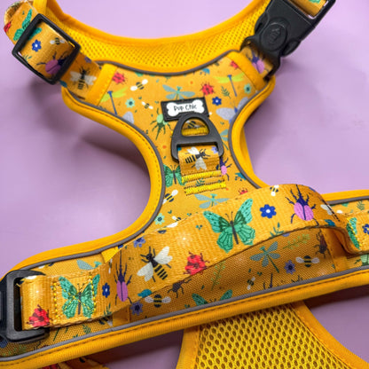 Summer Buzzin’ tactical dog harness, mustard yellow with bees, beetles & butterflies print, durable no‑pull design