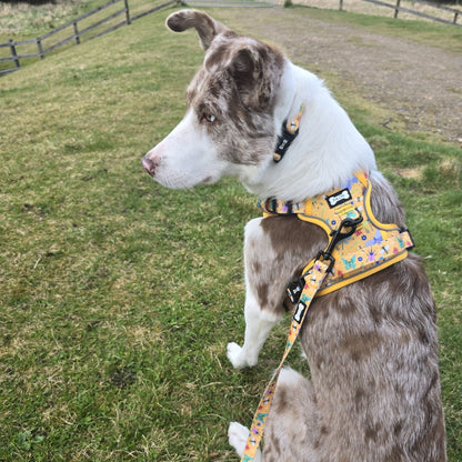 Summer Buzzin’ tactical dog harness, mustard yellow with bees, beetles & butterflies print, durable no‑pull design