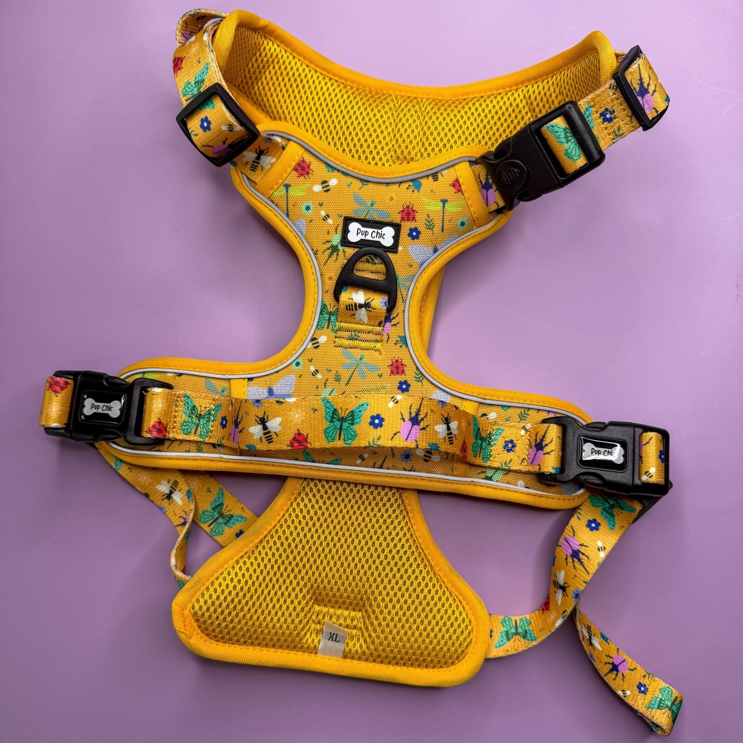 Summer Buzzin’ tactical dog harness, mustard yellow with bees, beetles & butterflies print, durable no‑pull design