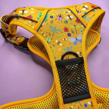 Summer Buzzin’ tactical dog harness, mustard yellow with bees, beetles & butterflies print, durable no‑pull design