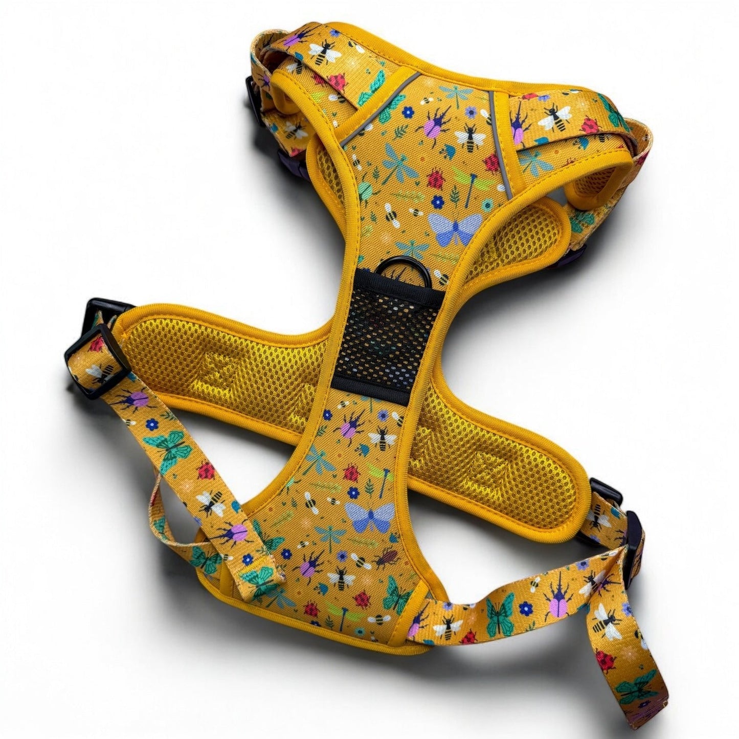 Summer Buzzin’ tactical dog harness, mustard yellow with bees, beetles & butterflies print, durable no‑pull design