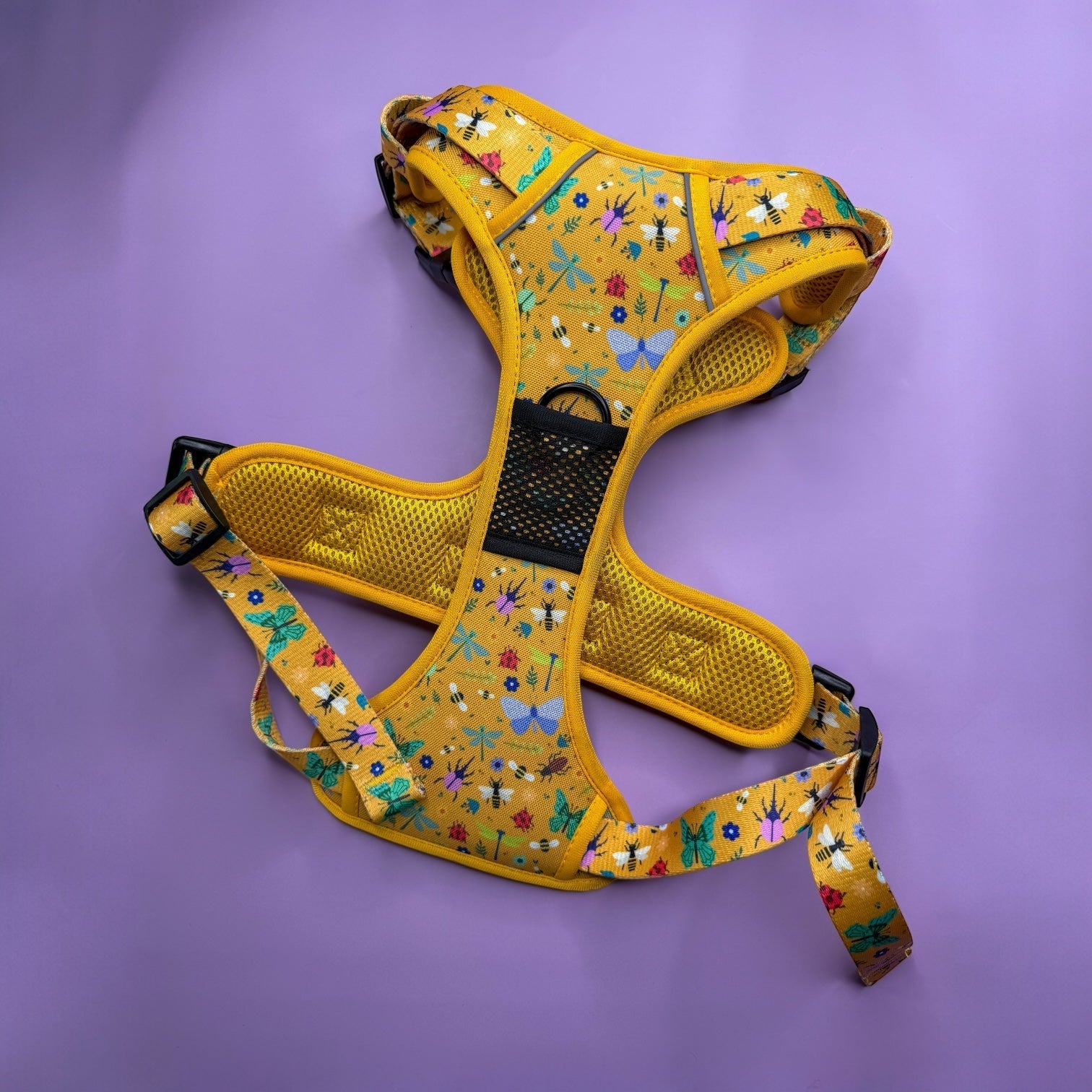 Summer Buzzin’ tactical dog harness, mustard yellow with bees, beetles & butterflies print, durable no‑pull design