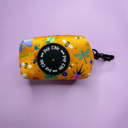 Summer Buzzin’ mustard yellow poo bag holder with bees, butterflies, moths & ladybirds print