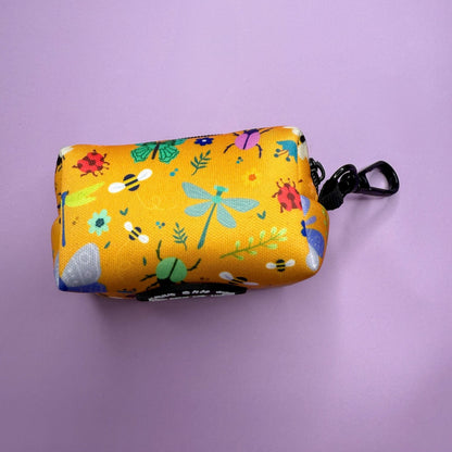 Summer Buzzin’ mustard yellow poo bag holder with bees, butterflies, moths & ladybirds print