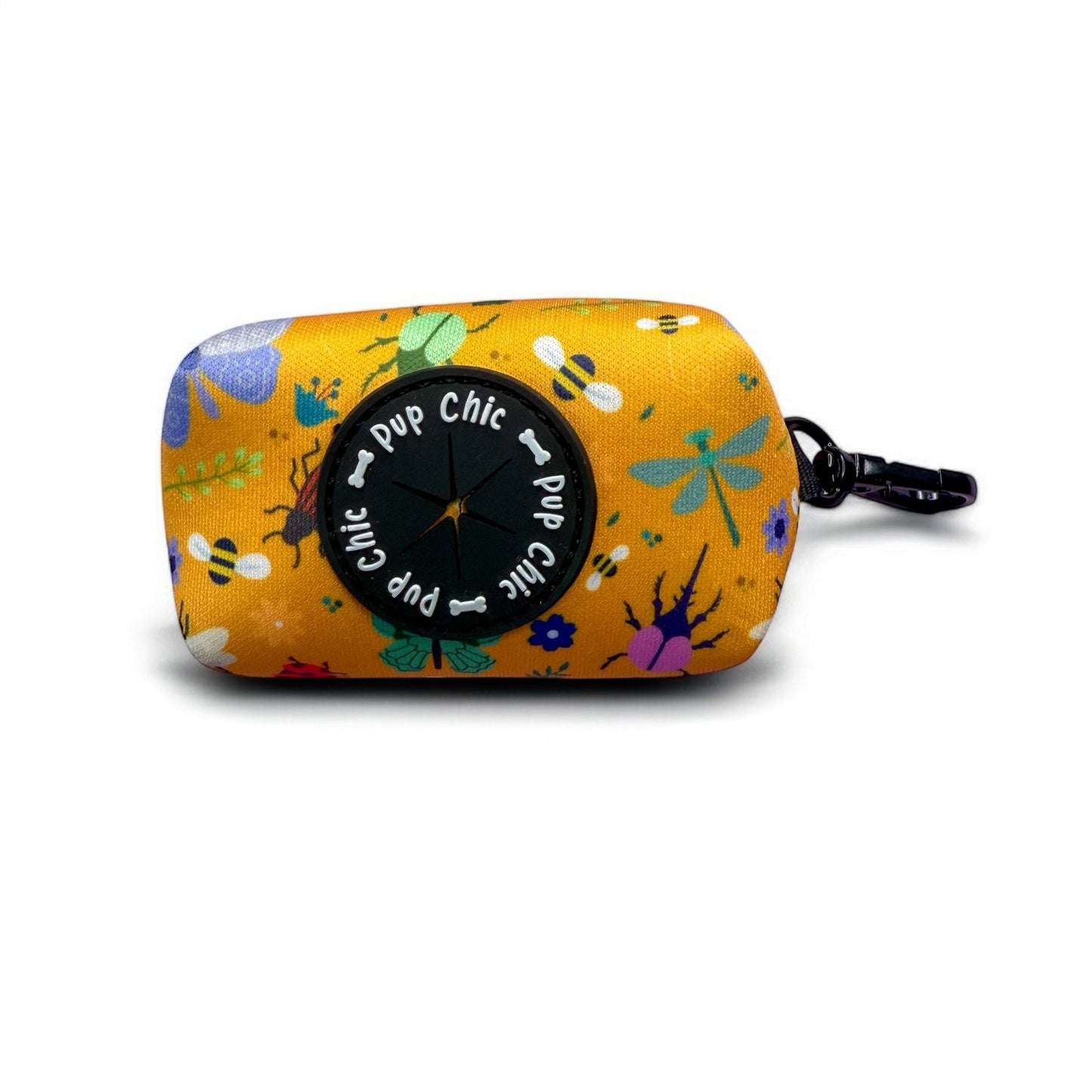 Summer Buzzin’ mustard yellow poo bag holder with bees, butterflies, moths & ladybirds print