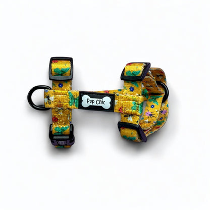 Summer Buzzin’ XXXS puppy harness in mustard yellow with colourful insect print, adjustable straps for tiny pets