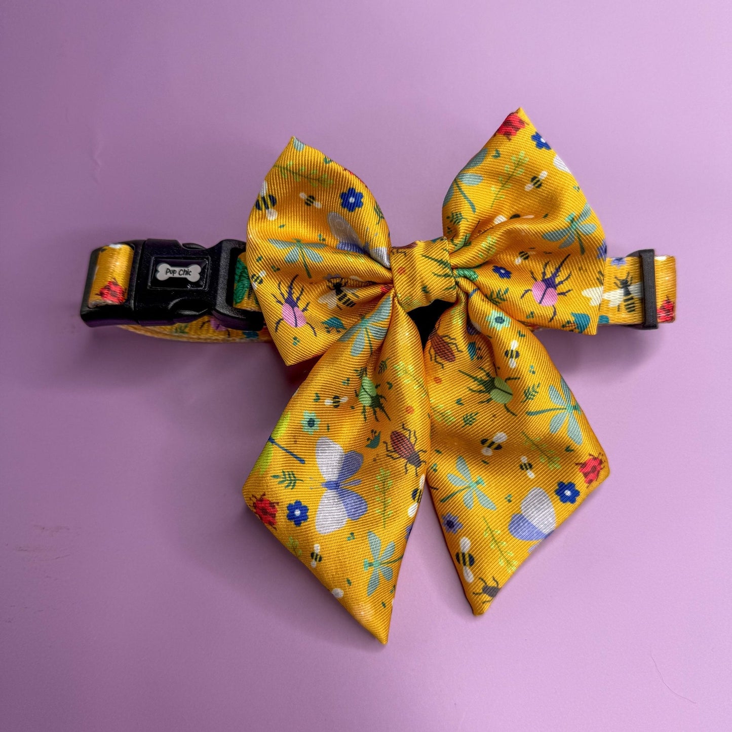 Summer Buzzin’ mustard yellow sailor bow with insect print, Velcro fastening, available in two sizes