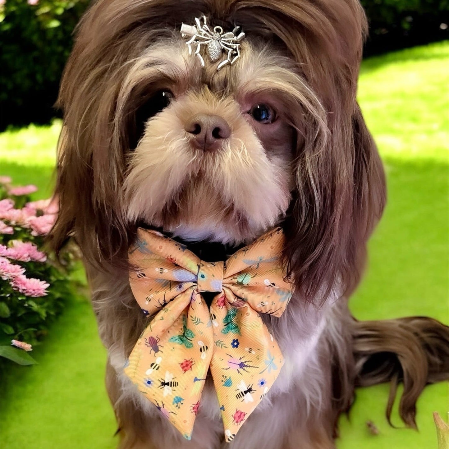 Summer Buzzin’ mustard yellow sailor bow with insect print, Velcro fastening, available in two sizes