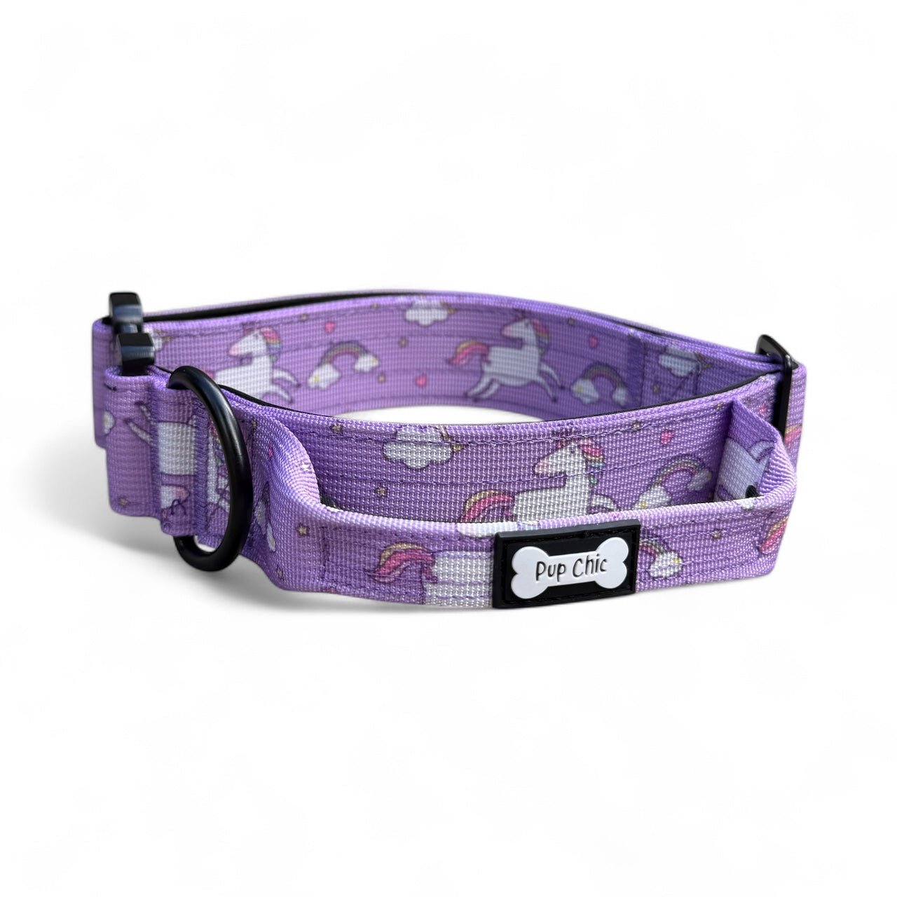Daydreams & Unicorns tactical dog collar in pastel purple with rainbow unicorn print and metal buckle