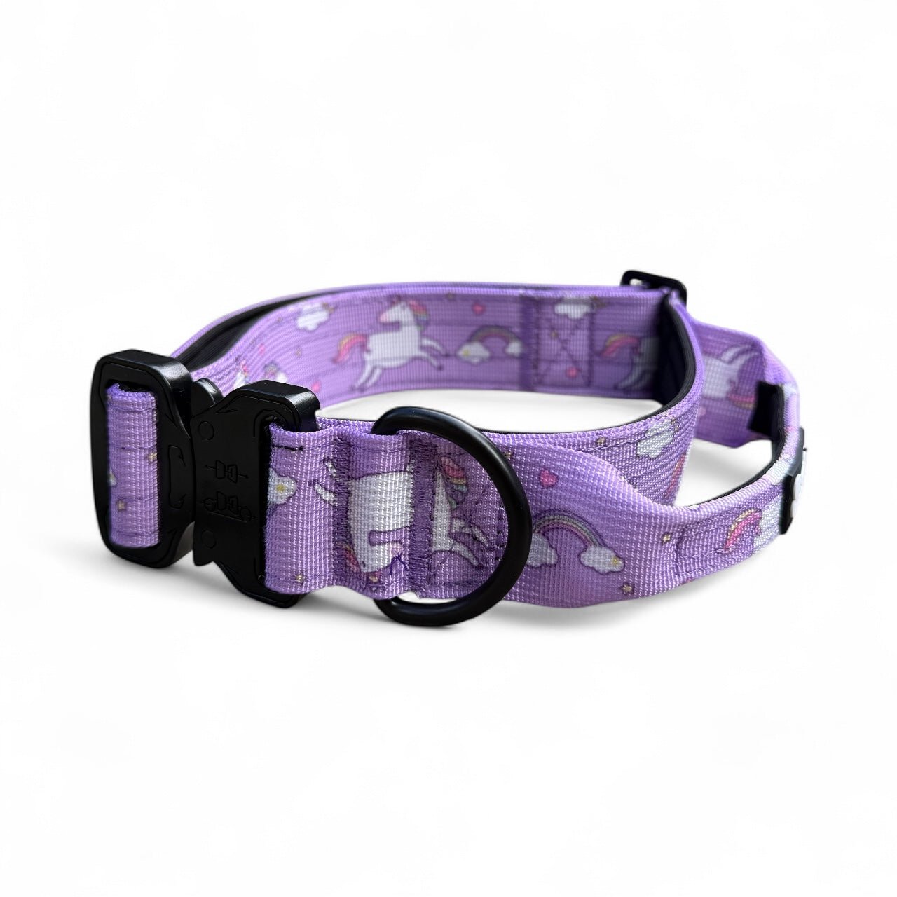 Daydreams & Unicorns tactical dog collar in pastel purple with rainbow unicorn print and metal buckle